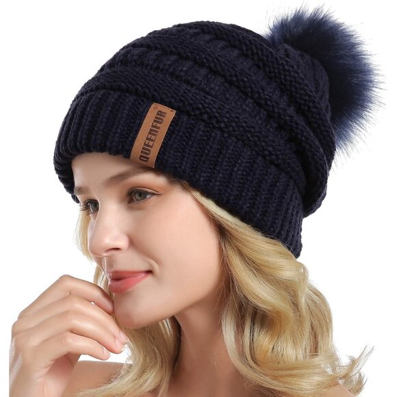 Women Navy Soft Acrylic Thick Baggy Knit Winter Faux Fur Pompom Slouchy Beanie - Picture 2 of 6